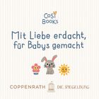 Text: "Mit Liebe erdacht, für Babys gemacht." Illustration von einer Blume, einem Häschen und einer Sonne darunter.