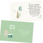 "6 Schnee, zärtliches Grüßen... Franziska Stoecklin. 23 Ein gutes Gewissen ist ein ständiges Weihnachten. Benjamin Franklin."  
Illustrationen von Bäumen und einem Haus auf grünem und beigem Hintergrund.