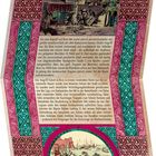 Text über den Angriff auf Rom 846, Illustration oben zeigt Plünderungsszene, unten Szene am Hafen. Verzierungen in Pink und Grün.