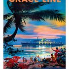 Text: "Grace Line" und "Caribbean · South America Cruises". Tropische Küstenszene mit Palmen, Menschen und Schiff bei Sonnenuntergang.