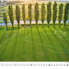 Augustkalender mit Baumreihe hinter Fußballplatz, Sonnenuntergang im Hintergrund.