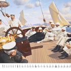Kalendarium-Nummern von 1 bis 31, Montag bis Sonntag darunter. Maritime Szene: Männer in weißen Anzügen auf einem Segelboot.