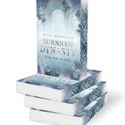 Ein Stapel Bücher mit "Burnham Dynasty: Weil wir es sind" von Julie Marinello. Cover in Blau- und Orangetönen mit Fenstermotiv.