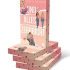 Buchcover: "MAXINE REUKER UND ALLES ZERBRICHT PAPER HEARTS". Stickerblatt: Herz- und Buchmotive, Sätze wie "i love myself".