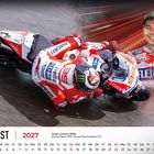 August 2027. Motorradfahrer auf Ducati mit Logos von Riello und Flex-Box.rennfahrender Mann groß im Hintergrund. Kalender unten.