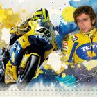 "August" unten, Motorradfahrer in Gelb mit "46" und "TEAM". Bunte, dynamische Illustration mit Rennmotiven.