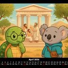Kalender April 2026: Niedliche Schildkröte und Koala vor antikem Tempel mit griechischen Philosophen in einem Park.