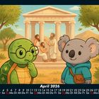 April 2026 Kalender unten. Illustration von Schildkröte und Koala vor griechischem Tempel im Hintergrund.