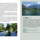 Seite 40: Beschreibung eines Spazierwegs mit Details zur Umgebung.  
Seite 41: Informationen über den Almsee, Größe 0,85 km², Tiefe 5 m.  
Zwei Fotos: See mit Bergen, Radweg im Wald.
