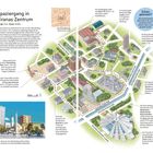 "Spaziergang in Tiranas Zentrum" zeigt eine bebilderte Karte mit Sehenswürdigkeiten und einem 2 km langen Spazierweg.