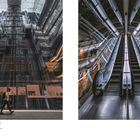 Links: Text über Toshima Ecomusee Town in Tokio. Rechts: Rolltreppe in Shinagawa mit futuristischen Lichtreflexen.