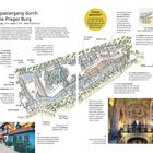 "Spaziergang durch die Prager Burg. Länge: 1,5 km Dauer: 15 Min. Tram Pražský hrad." Eine Karte des Burgareals zeigt markierte Stationen, umgeben von Gebäuden und Gärten.