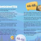 "Wanderwitze" in großen, verspielten Buchstaben. Lustige Anekdoten über Wandern, Berge und Natur. Lachende Emojis und Wanderschuhe.