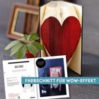 Text: "FARBSCHNITT FÜR WOW-EFFEKT", "BASISFALTUNG MIT DER GRAFIKVORLAGE", "DAS HERZ". Ein Buch, kunstvoll zum Herz gefaltet. Eine Pflanze daneben.