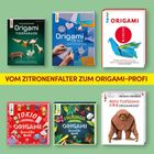 "VOM ZITRONENFALTER ZUM ORIGAMI-PROFI" auf gelbem Streifen. Sechs Bücher zu Origami in zwei Reihen angeordnet.