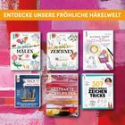 ENTDECKE UNSERE FRÖHLICHE HÄKELWELT. Sechs Buchcover zu Mal- und Zeichenthemen auf buntem Hintergrund.