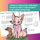"TIERISCH NIEDLICHE LIEBLINGSWESEN SCHRITT FÜR SCHRITT ZUM LEBEN ERWECKEN." Illustration von zwei niedlichen Tieren.