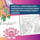 Text: "LIEBEVOLL HANDGEZEICHNET – LEBENSFROHE ILLUSTRATIONEN." Illustration einer Frau auf einer Schnecke, Blumen.