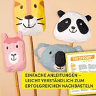 EINFACHE ANLEITUNGEN – LEICHT VERSTÄNDLICH ZUM ERFOLGREICHEN NACHBASTELN. Vier bunte Tiermasken auf Stöcken.