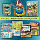 "ENTDECKE KINDGERECHTES AB 8 JAHREN" steht in gelb. Darunter sind sechs bunte Buchcover. Ein Cartoon-Held in blauem Anzug steht zentral.