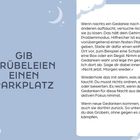 GIB GRÜBELEIEN EINEN PARKPLATZ. Links blauer Hintergrund mit Wolken und Mond. Text rechts über Gedanken parken.
