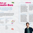 Titel: "Voll auf Kreativ-Kurs". Text: Anweisungen zur Kreativität und ein Quiz. Bild eines Mannes, der nach oben zeigt.