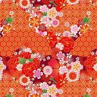 Eine farbenfrohe Illustration mit roten und orangefarbenen Blumenmotiven auf geometrischem, rotem Hintergrund.