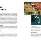 "JAPANISCHE GARTENKUNST", Bilder: Herbstgarten mit rotem Pavillon, Koi-Fische im Teich. Text zu Gartenarten: Wandel-, Zen-, Tee-, Moosgärten.