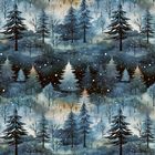 Verschneite Winterlandschaft mit verschiedenen Tannenbäumen; dunkle, kühle Farben dominieren die Illustration.