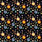 Illustration mit bunten Flaschen, Schlüsseln und Kristallen auf schwarzem Hintergrund.