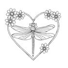 Eine Illustration: Eine Libelle in einem herzförmigen Rahmen, umgeben von kleinen, blühenden Blumen.
