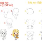 Links: "Mädchen mit Fuchs-Stofftier". Rechts: "Bär mit Erdbeere". Zeichnungen zeigen Schritte zur Illustration beider Figuren.