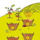 LÖSUNG: Drei Tomatenpflanzen mit Körben, nummeriert 3, 5, 7, 2. Gießkanne und Marienkäfer in grüner Landschaft.