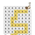 Die Illustration zeigt "LÖSUNG:" über einem Raster aus "K"s und "R"s. Eine Katze und ein Wollknäuel sind abgebildet.