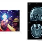 Links: Zwei Personen mit Polizisten in einem Aufzug. Rechts: Zwei MRT-Bilder eines Kopfes übereinander, Text „Ai Weiwei“.