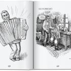 Illustration: Ein lachender Mann spielt ein Akkordeon. Daneben eine Szene in einem Raum mit drei Personen und Sprechblasen.
