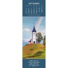 Septemberkalender mit einer Kirche auf einem Hügel, einem Regenbogen im Hintergrund und einem Bibelzitat darunter.