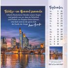 Text: „Schätze im Himmel sammeln. Irdische Besitztümer blenden... Quelle der Angst." Es zeigt einen Kalender mit Skyline.

