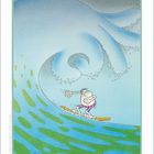 08. Ein humorvoller Cartoon zeigt einen Mann beim Surfen auf einer großen Welle.