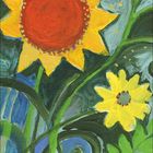 Augustkalender, 2024. Bunte Blumenillustration: Sonnenblume, rote und blaue Blüten auf grünem Hintergrund.