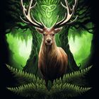 Unter dem Bild steht: „August / Agost“. Ein majestätischer Hirsch vor einem leuchtend grünen Waldmotiv.