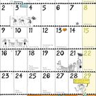 Kalender für August. Oben "Freitag, der 13." Viele bunte Illustrationen mit Menschen und Texten zu wichtigen Tagen.