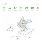 Februar 2027. 15. Montag bis 21. Sonntag. Illustration: Engel auf Wolke mit Harfe. Text: Den Himmel überlassen wir den Engeln und den Spatzen.