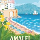 "AMALFI COAST" unten. Illustration einer sonnigen Küste mit bunten Sonnenschirmen, Segelbooten und Gebäuden am Ufer.
