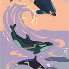 Kalendarium unten mit Zahl '08' und Tagen 01 bis 31. Drei Orcas schwimmen in einem stilisierten Meer.