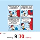 Illustration mit Comic-Dialogen über Schneeschippen und eine humorvolle Diskussion. Kalendertage Samstag, 9, und Sonntag, 10.