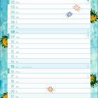 Kalenderblatt für August mit Feiertagen. Illustration von Frida Kahlo mit Blumen im Haar oben links. Bunte Blumenmotive.