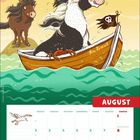 August, ein Pony mit Kopftuch in einem Boot auf See, Möwen fliegen, Kalender im unteren Bereich.