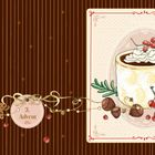 Text: "3. Advent". Illustration: Tasse Kakao mit Sahne, Beeren und Zierde auf braunem Streifenhintergrund mit Sternen.