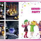 "Hexen-Party" in pinker Schrift, umrandet von Konfetti und Sternen. Links sind Hexen-Themen-Snacks abgebildet.